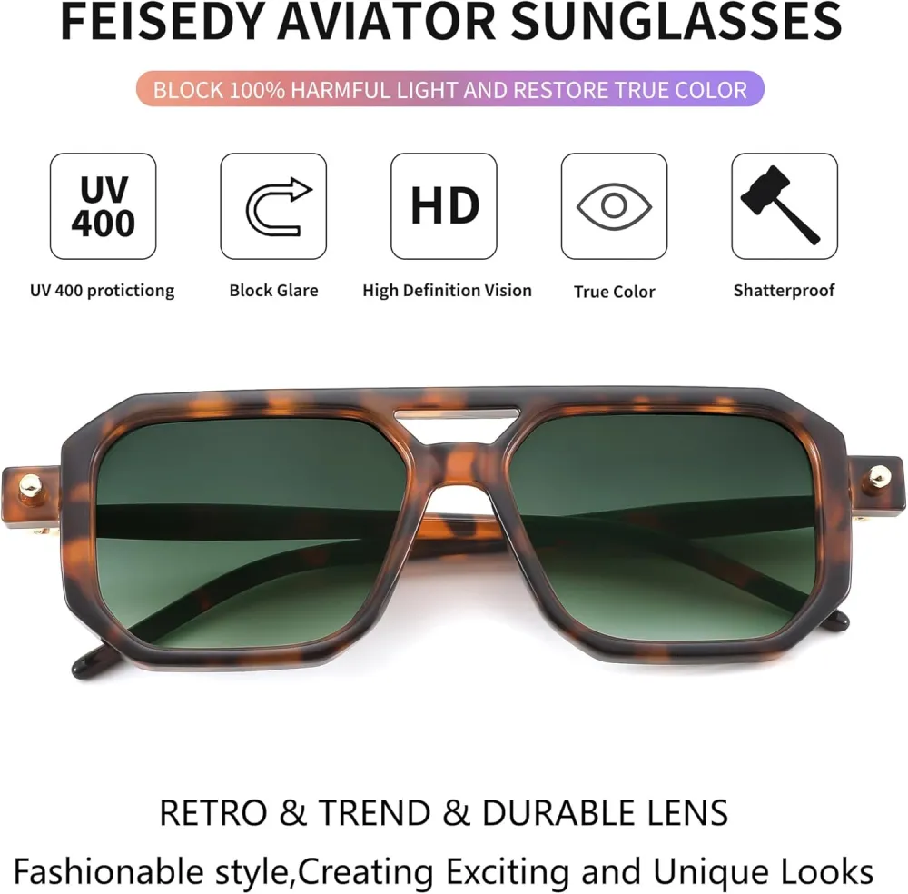 FEISEDY Vintage Square 70s Flat Aviator Sunglasses Women Men Classic Retro Stylish Frame UV400 Sunglasses B2622
