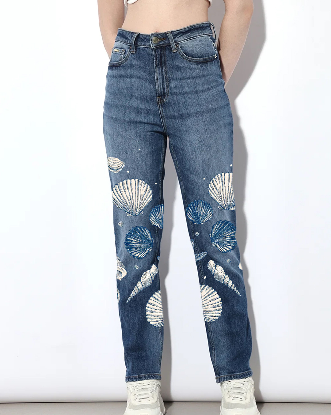 Blue High Rise Straight Fit Jeans with Shell Print