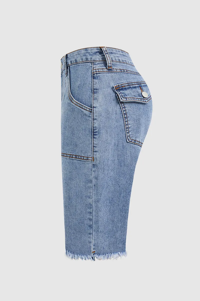 Wash Raw Hem Flap Pocket Mid Rise Straight Leg Denim Bermuda Shorts