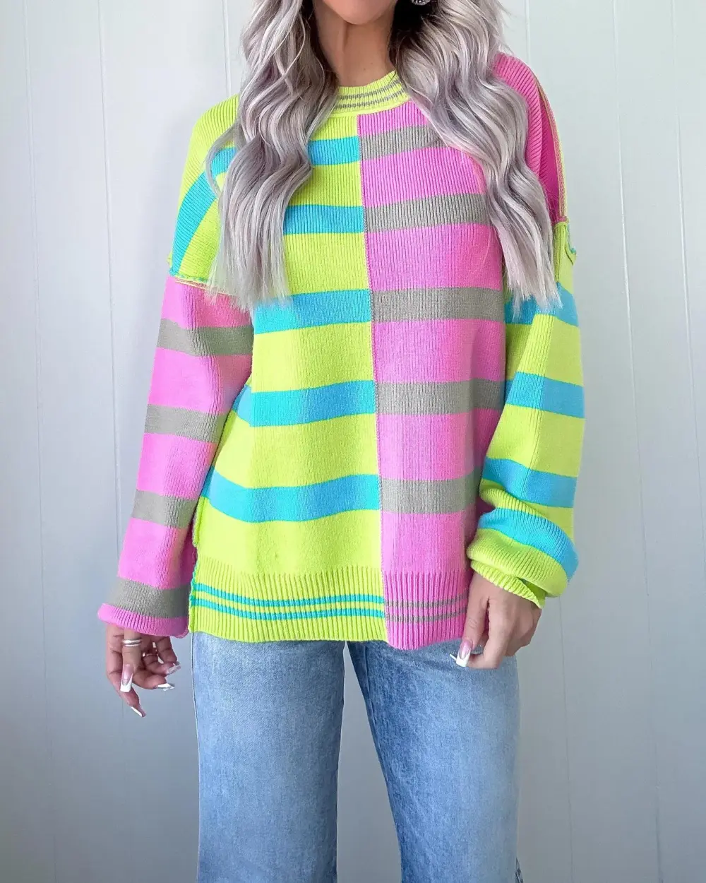 Colorblock Striped Sweater - Lime