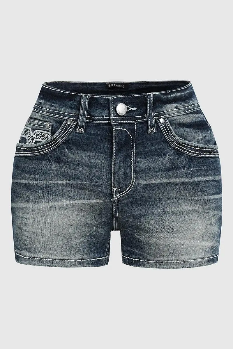 Wash Rhinestone Decor Flap Pocket Low Waist Denim Shorts