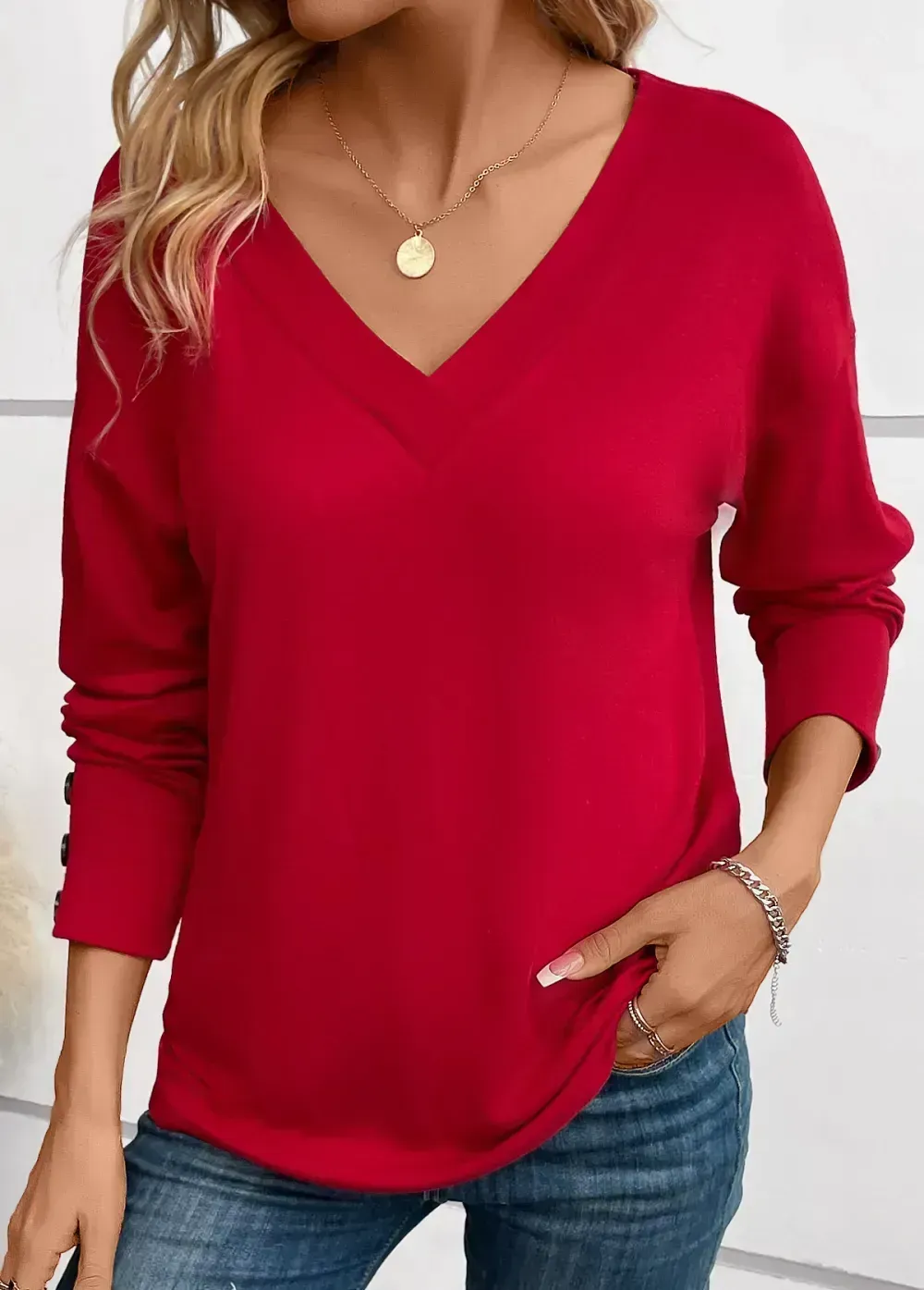 Wine Red Button Long Sleeve V Neck T Shirt