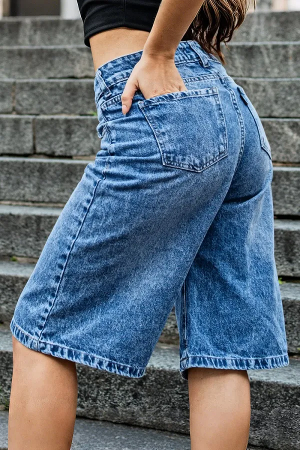 Wash Mid Rise Wide Leg Denim Bermuda Shorts