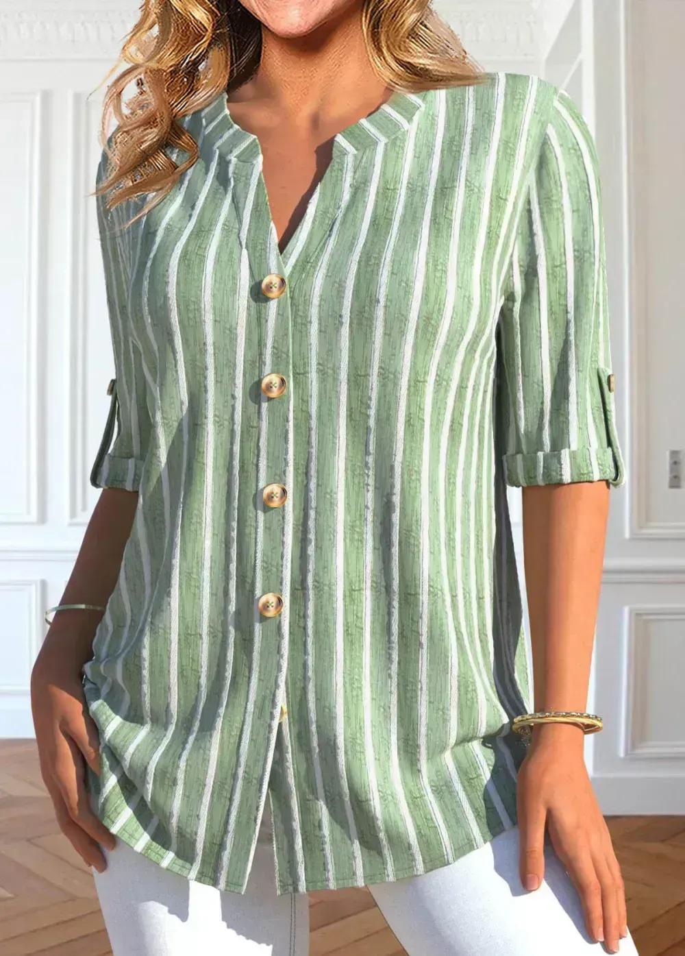 Light Green Button Striped Half Sleeve Blouse