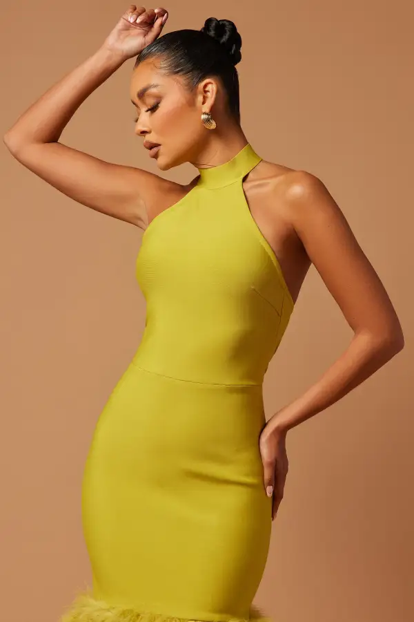 Bailey Feather Bandage Gown - Chartreuse