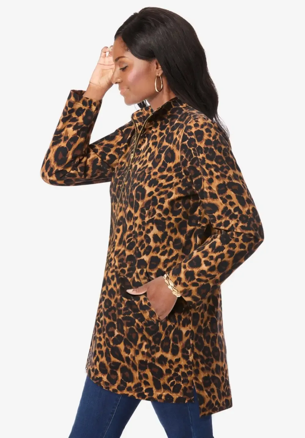 Stretch Cotton Zip Front Hi-Low Jacket