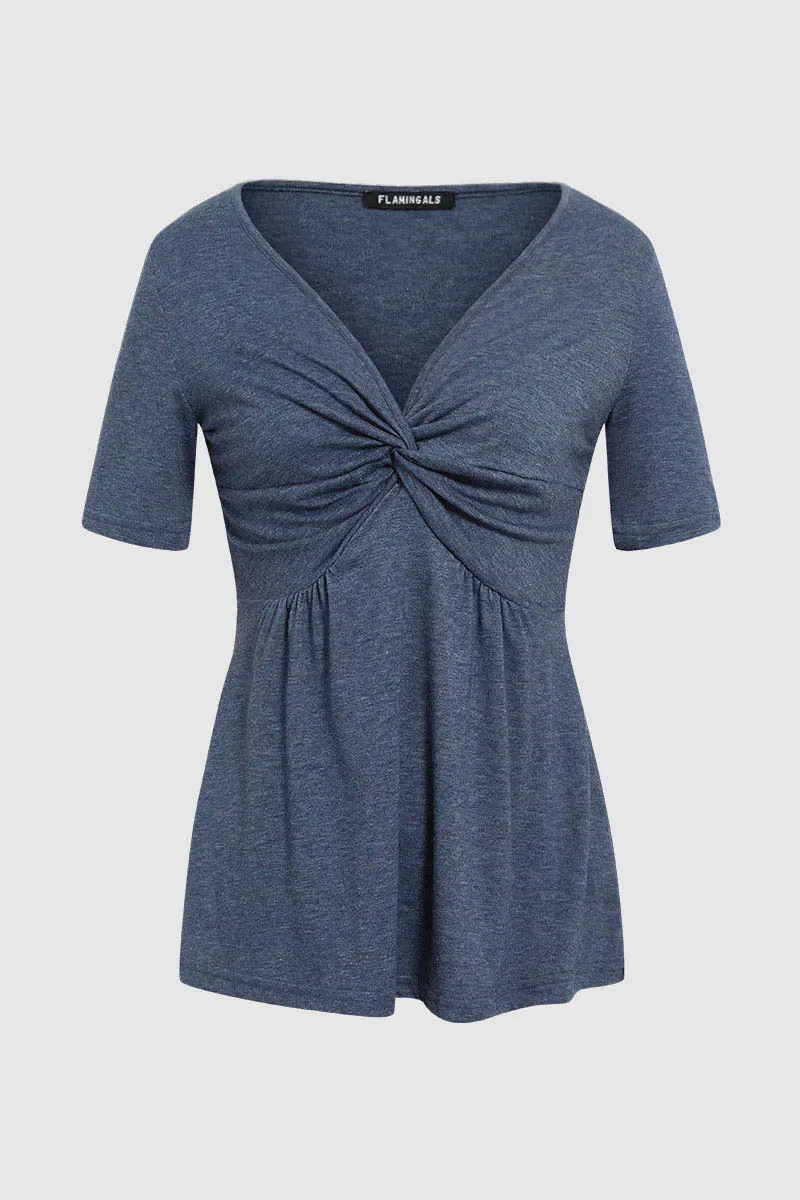 Solid Twist Front V Neck Short Sleeve T-Shirt