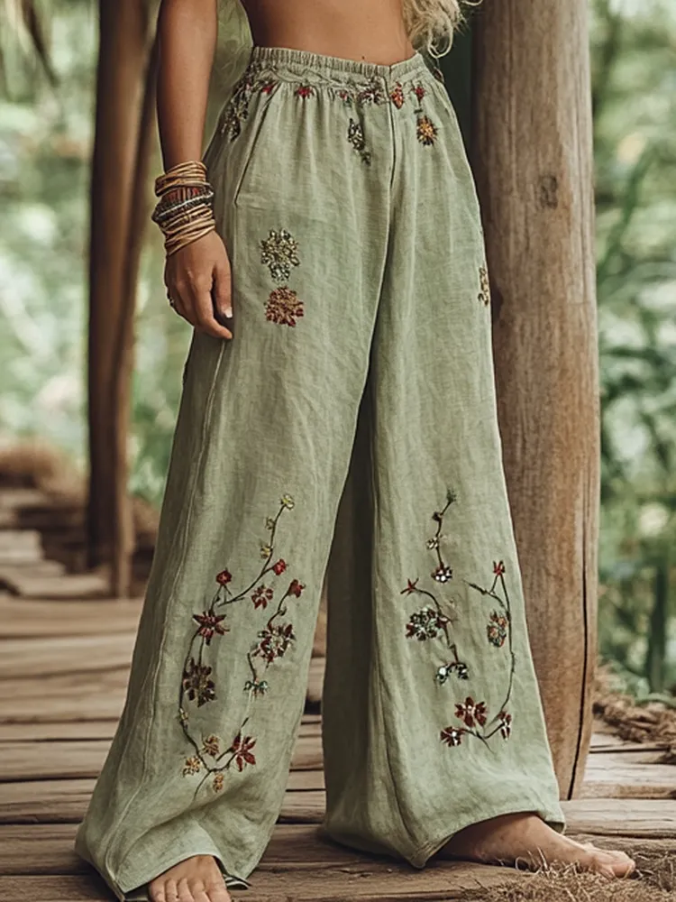 Bohemian Holiday Style Linen Bohemian Leaf Ethnic Totem Print Linen Long Loose Wide-leg Pants