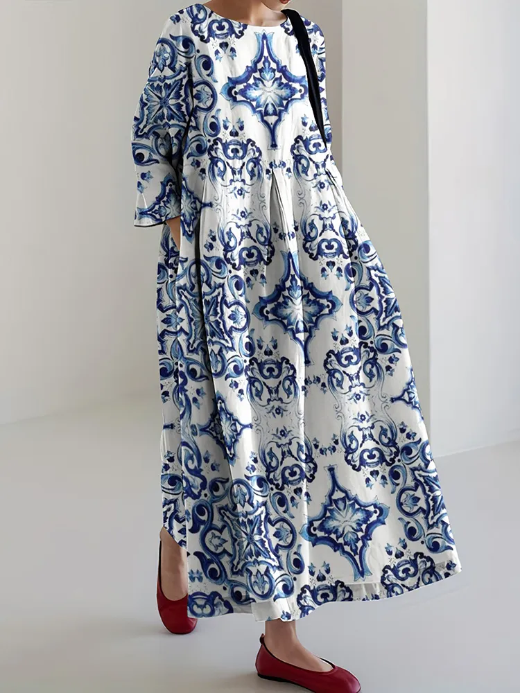 Greek Vacation Geometric Print Round Neck Loose Midi Dress