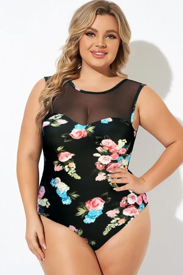 High Neck Black Floral Print Mesh One Piece Swimsuit