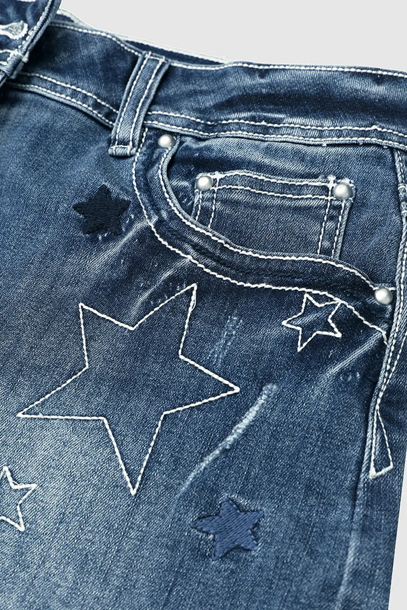 Star Pattern Ripped Raw Hem Mid Rise Denim Shorts