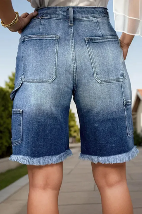 Wash Raw Hem High Waist Denim Bermuda Shorts