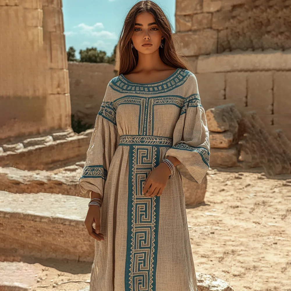 Retro Classic Greek Key Crew Neck Linen Blend Maxi Dress