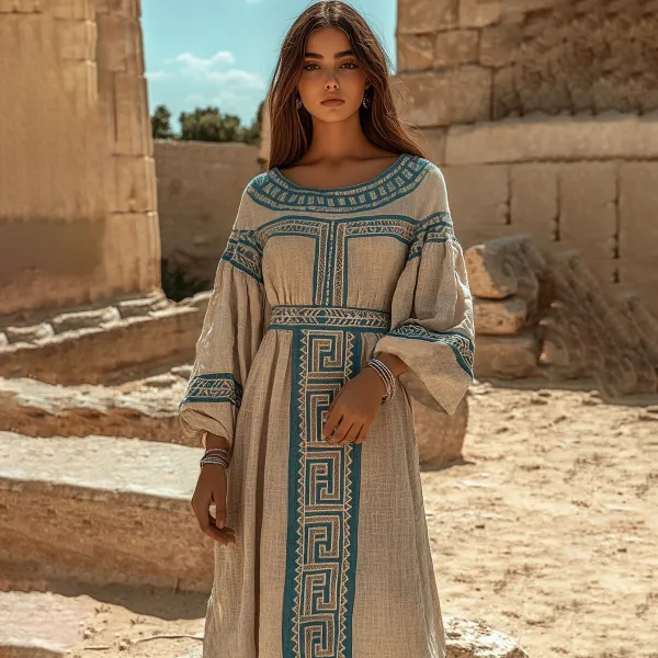Retro Classic Greek Key Crew Neck Linen Blend Maxi Dress