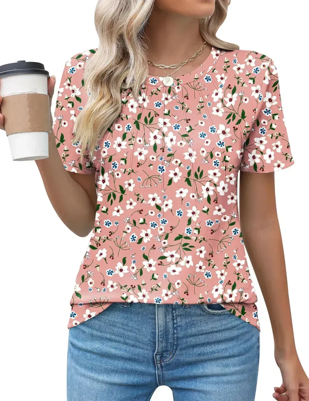 Kistore Womens Casual Crew Neck Short Sleeve Pleated Tops Blouses Fashion Clothes 2024