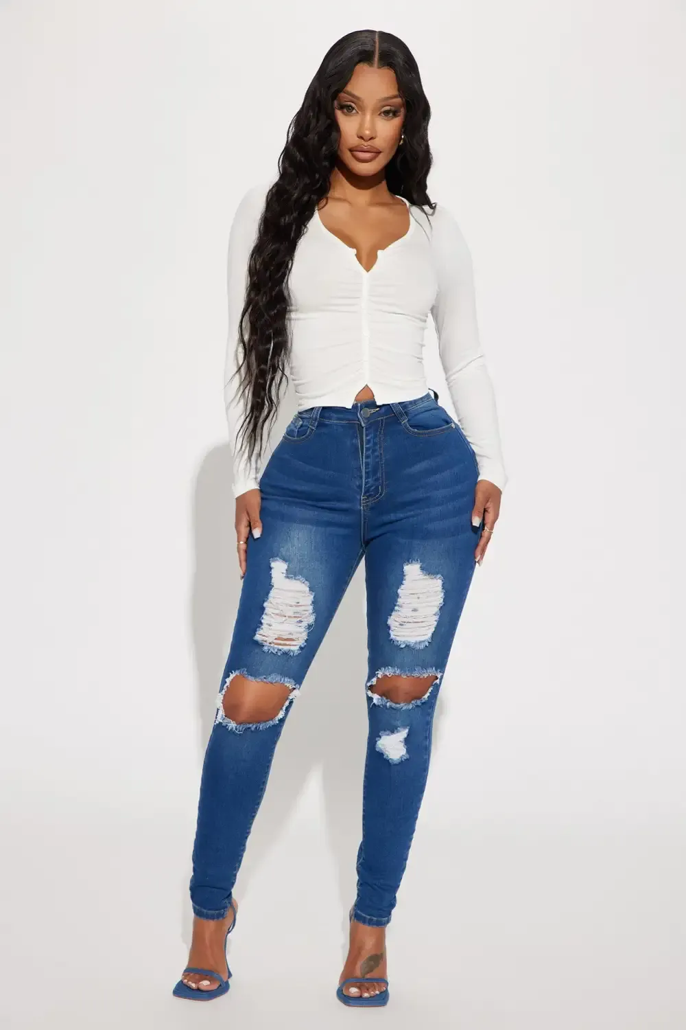 San Antonio Ripped Stretch Skinny Jeans - Medium Wash