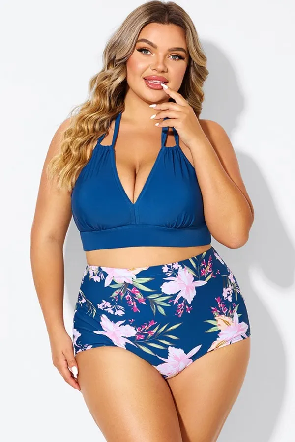Black and Purple Printed Halter Sexy Bikini Set