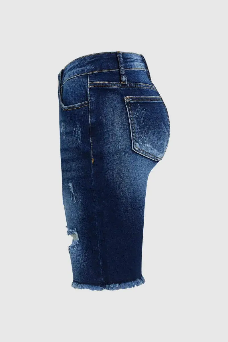 Ripped Raw Hem Mid Waist Denim Mid Thigh Shorts