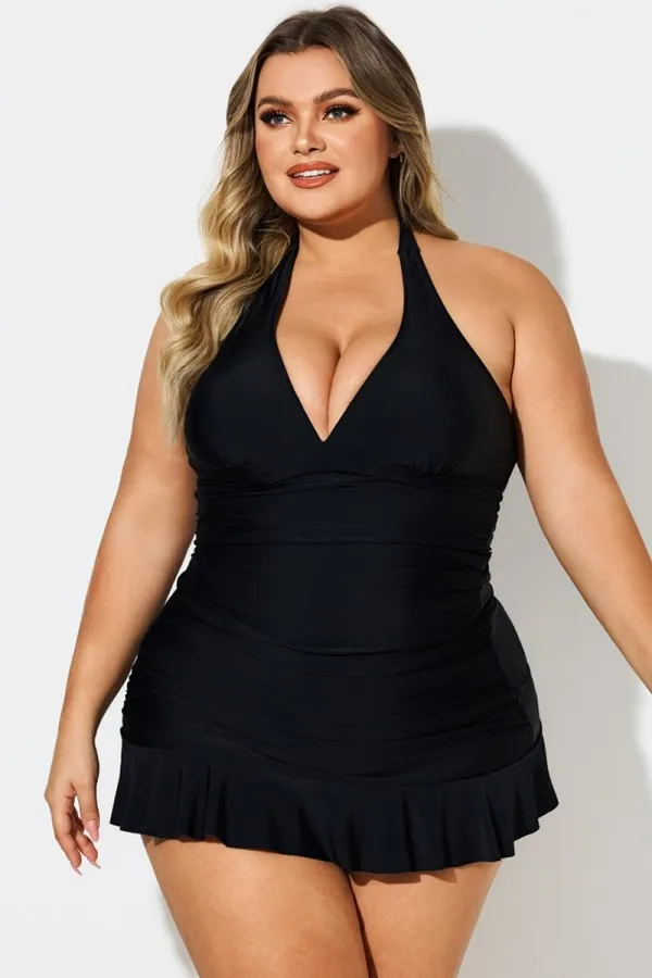 Black Halter Neck Ruched Tummy Control Swimdress