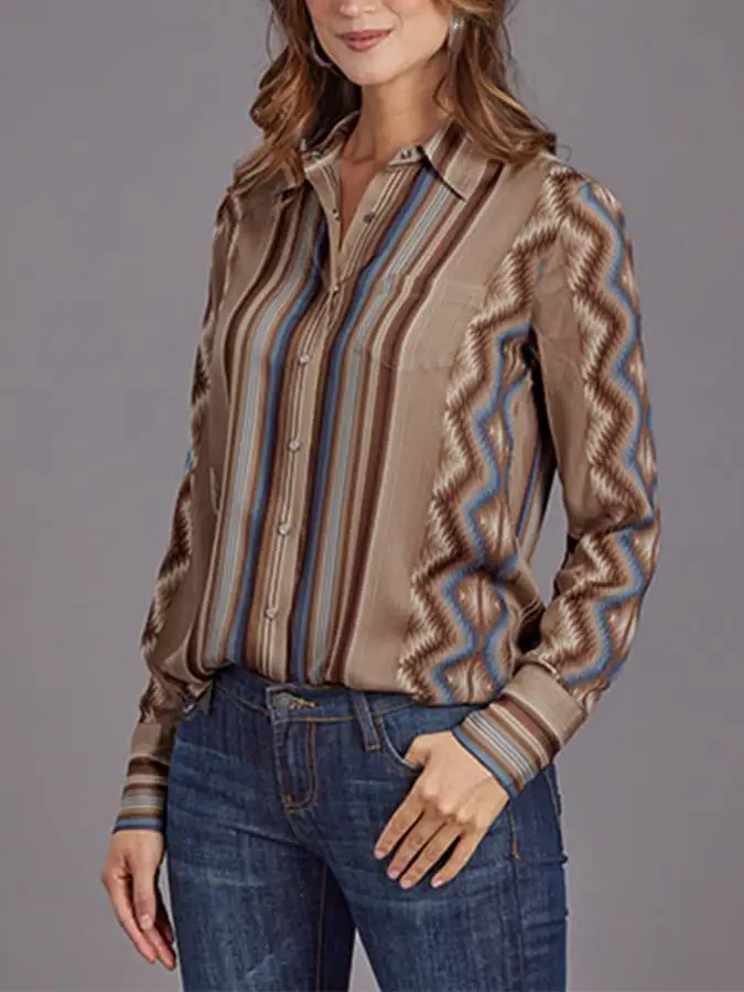 Women's Vintage Western Art Print Casual Linen Shirt