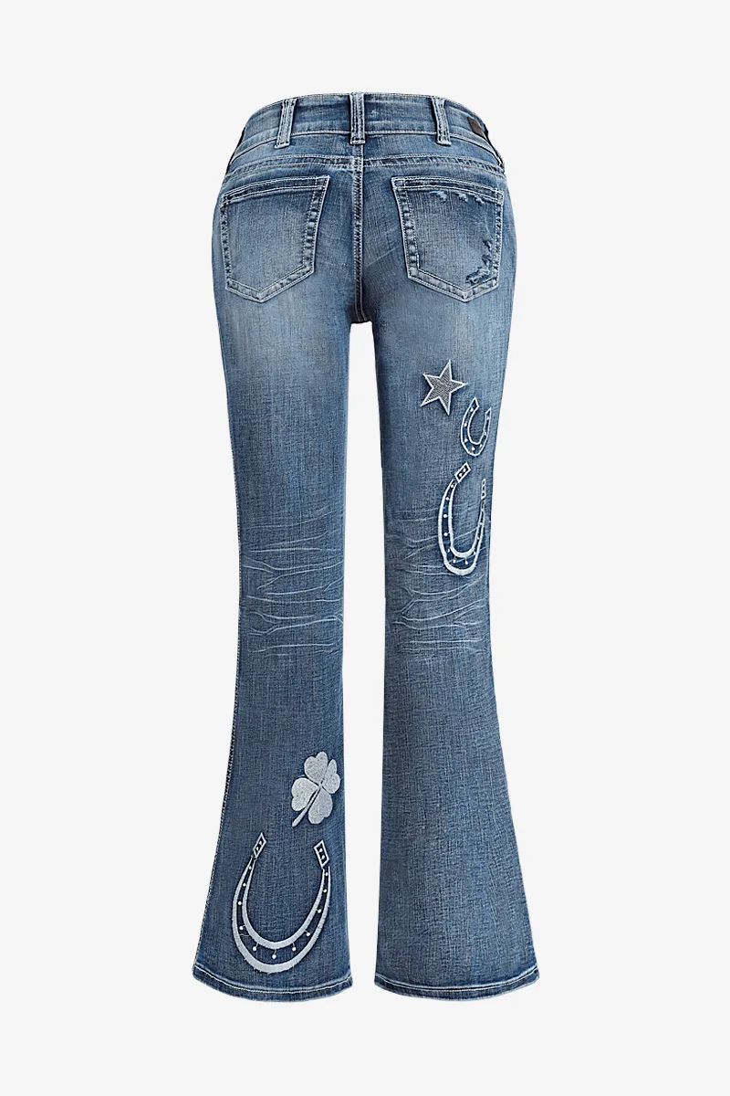 Star & Moon Pattern Double Button Mid Rise Flare Jeans