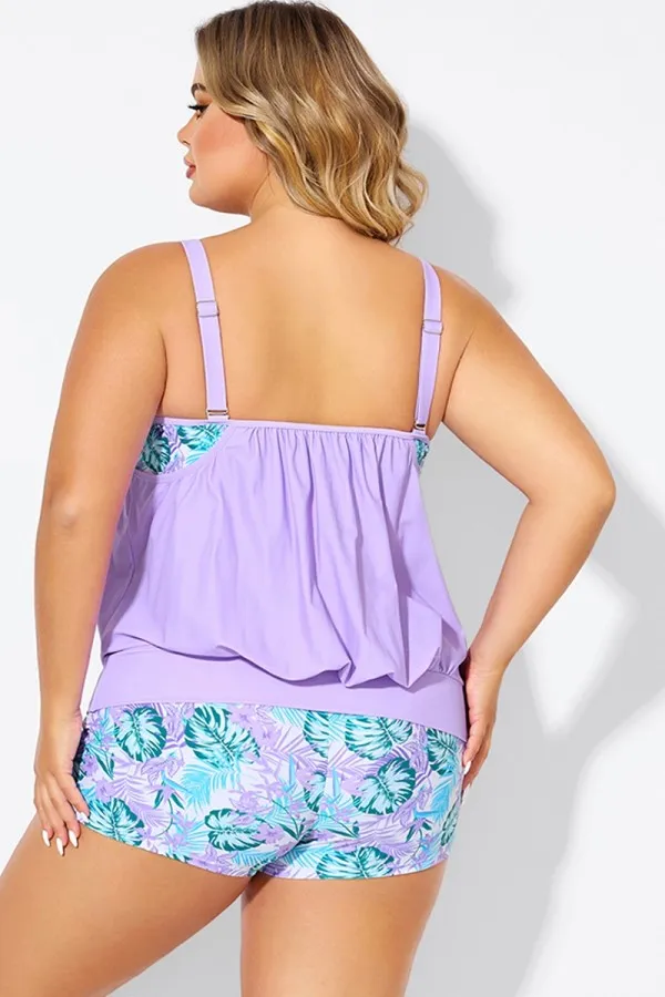 Plus Size Floral Print Light Purple Tankini Top