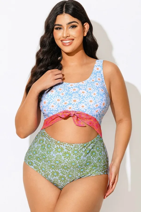 Daisy Patch Printed Knotted One Piece Swimsuit