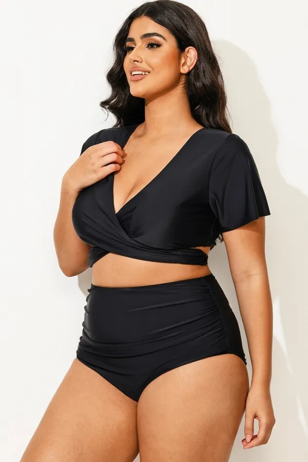Black Solid V-Neck Ruched Bikini Top