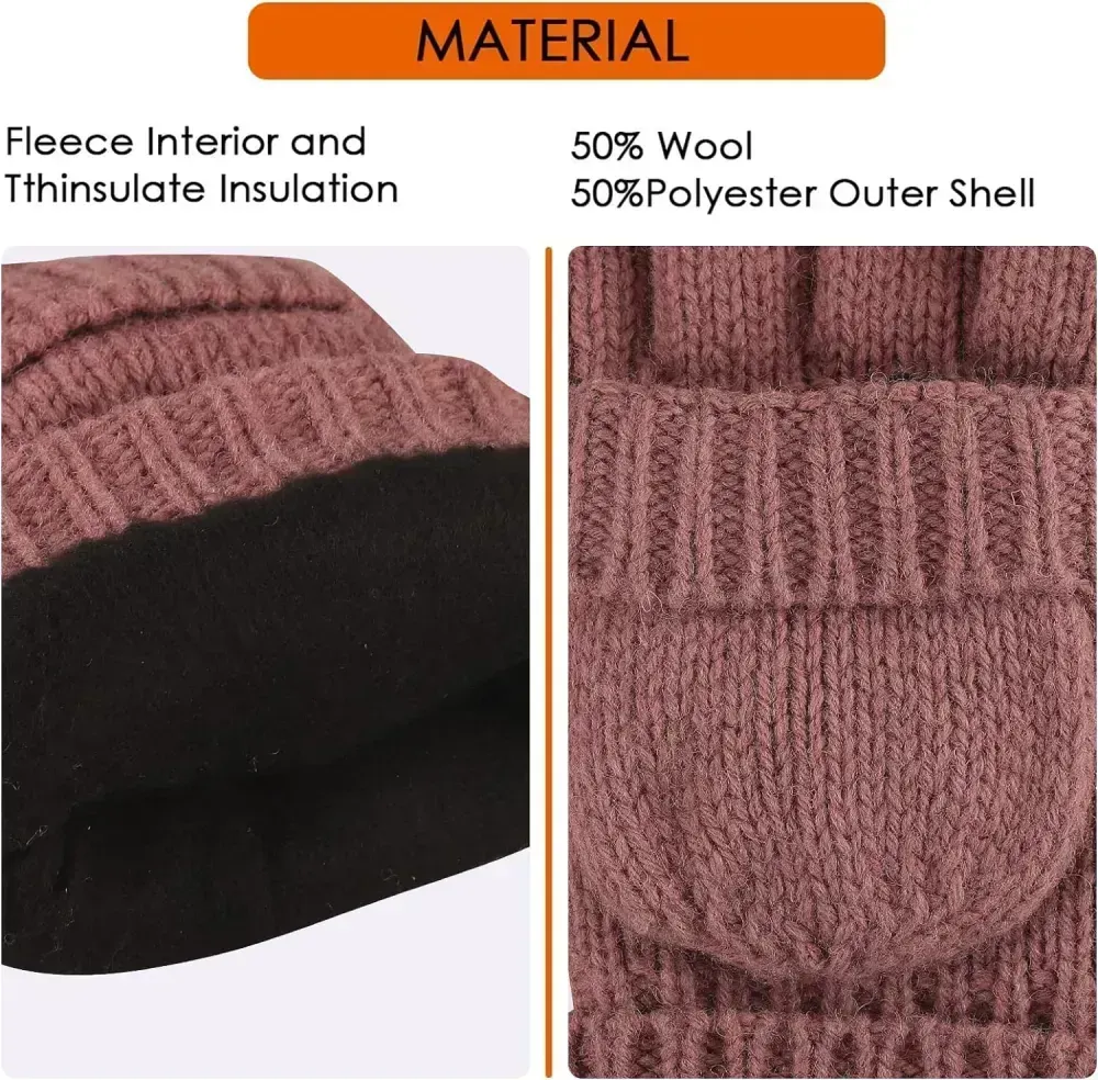 Bodvera Thermal Insulation Fingerless Texting Wool Gloves for Women and Men Winter Warm Knitted Convertible Mittens Flap