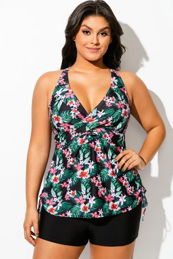Floral Print Drawstring Side Adjustable Strap Tankini Top