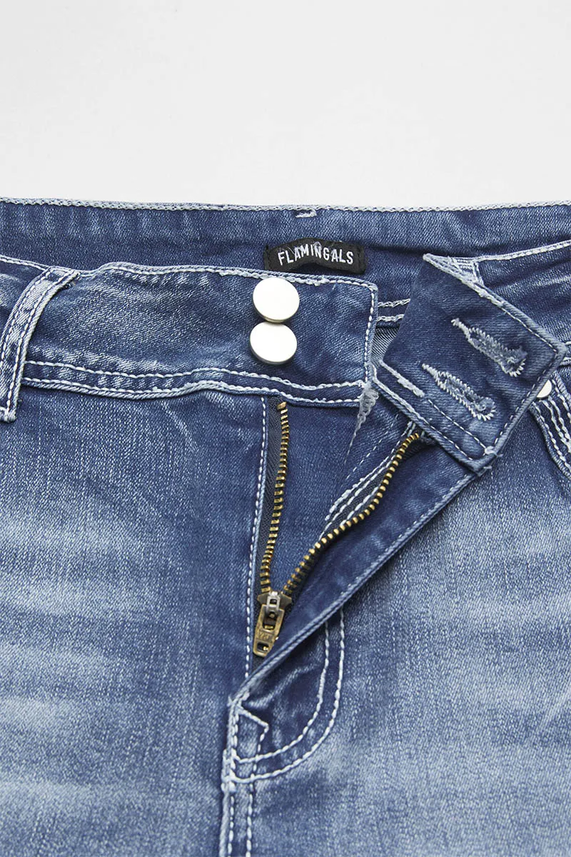Washed Button Up Rolled Hem Low Rise Capri Jeans