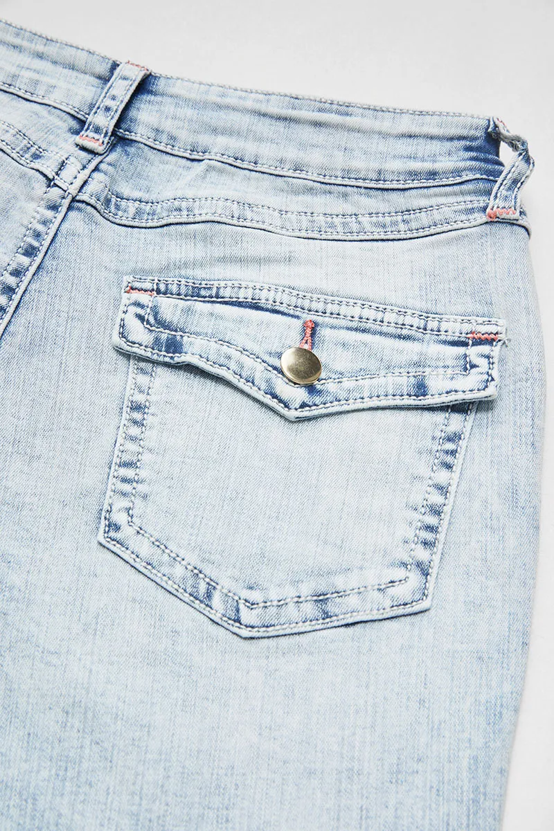 Washed Flap Pocket Mid Rise Denim Bermuda Shorts