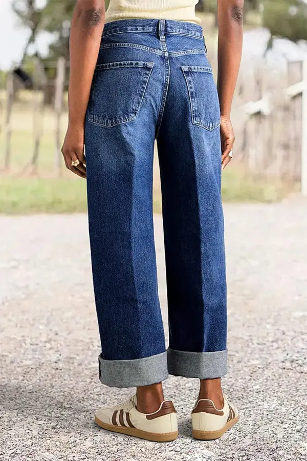 Wash Roll Hem High Rise Straight Leg Jeans