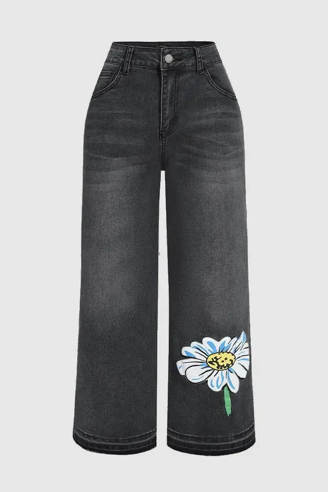 Floral Pattern Crop Mid Rise Wide Leg Jeans Without Belt