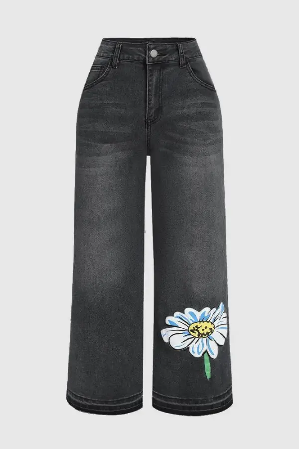 Floral Pattern Crop Mid Rise Wide Leg Jeans Without Belt