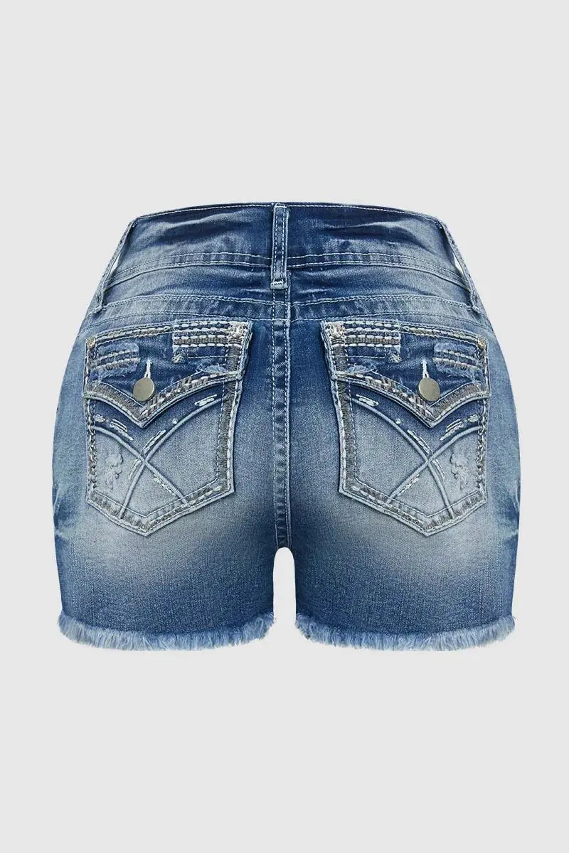 Ripped Raw Hem Rhinestone Detail Mid Waist Denim Shorts