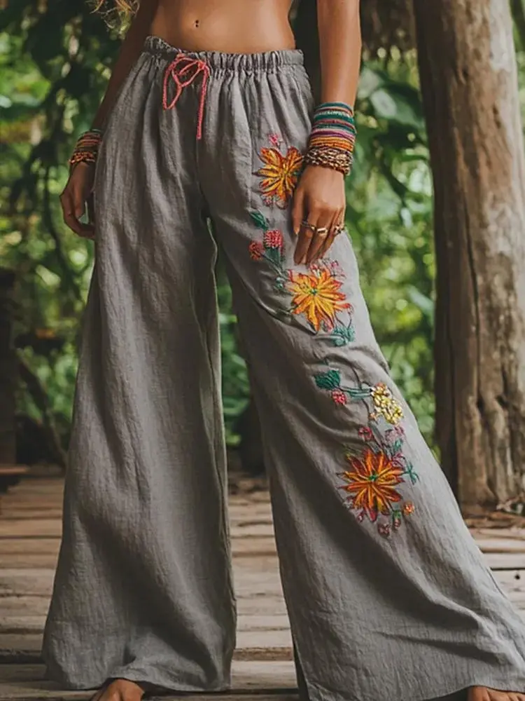 Bohemian Holiday Style Retro Linen Bohemian Leaf Ethnic Totem Print Linen Long Loose Wide-leg Pants
