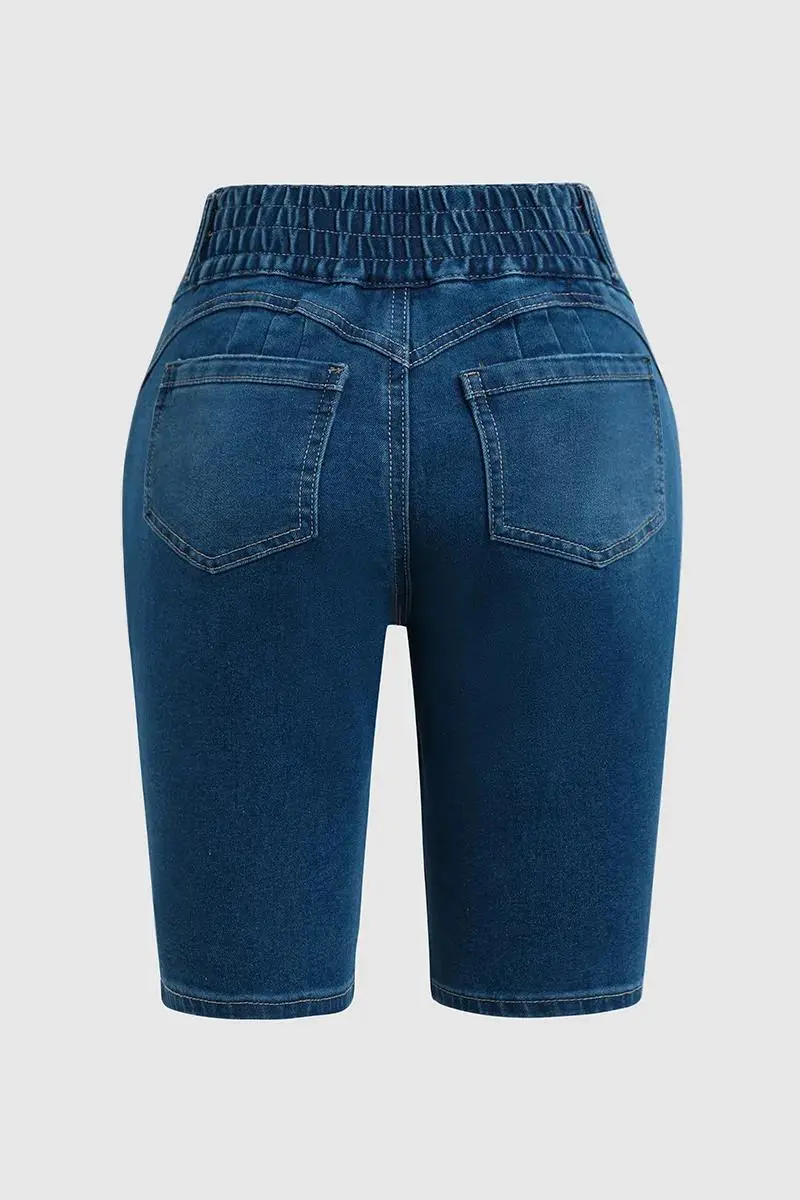 Wash Button Up Elastic High Waist Denim Bermuda Shorts