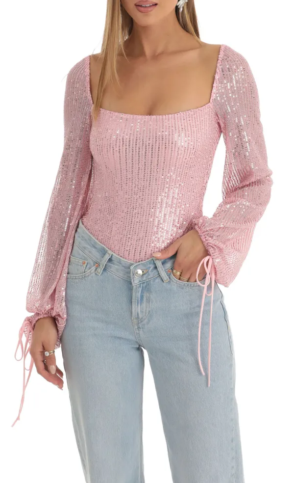 Sequin Long Sleeve Bodysuit in Pink