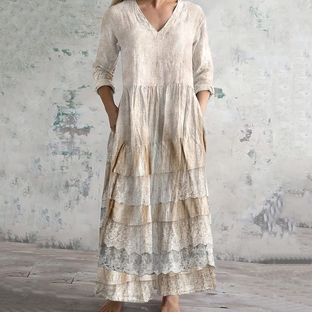 Vintage Embroidered Lace Art Women's Linen Dress