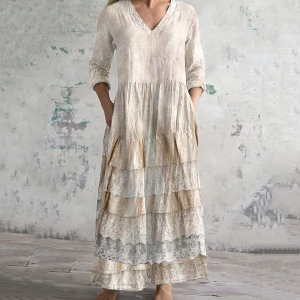 Vintage Embroidered Lace Art Women's Linen Dress