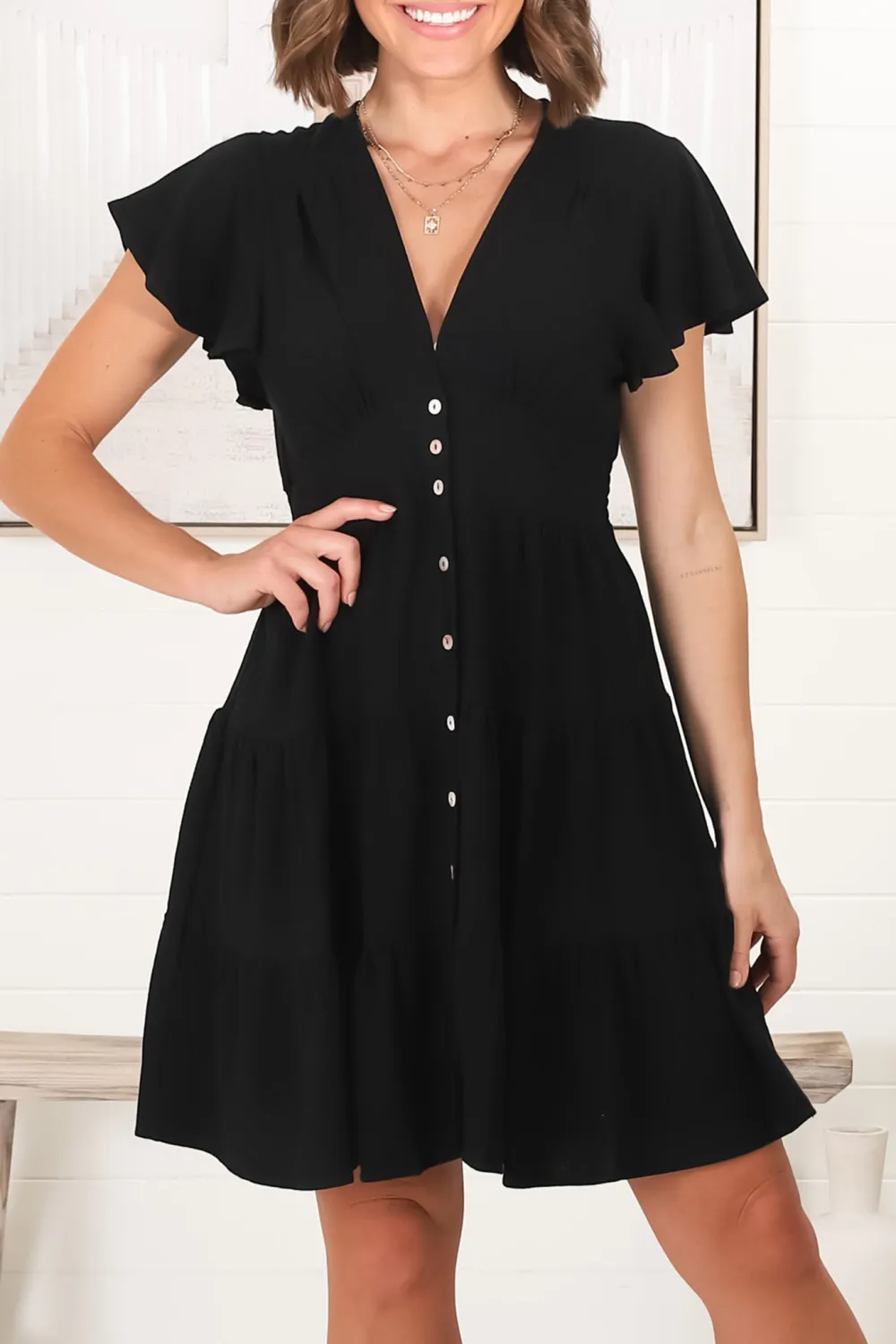 Black V Neck Button Front Ruffle Dress