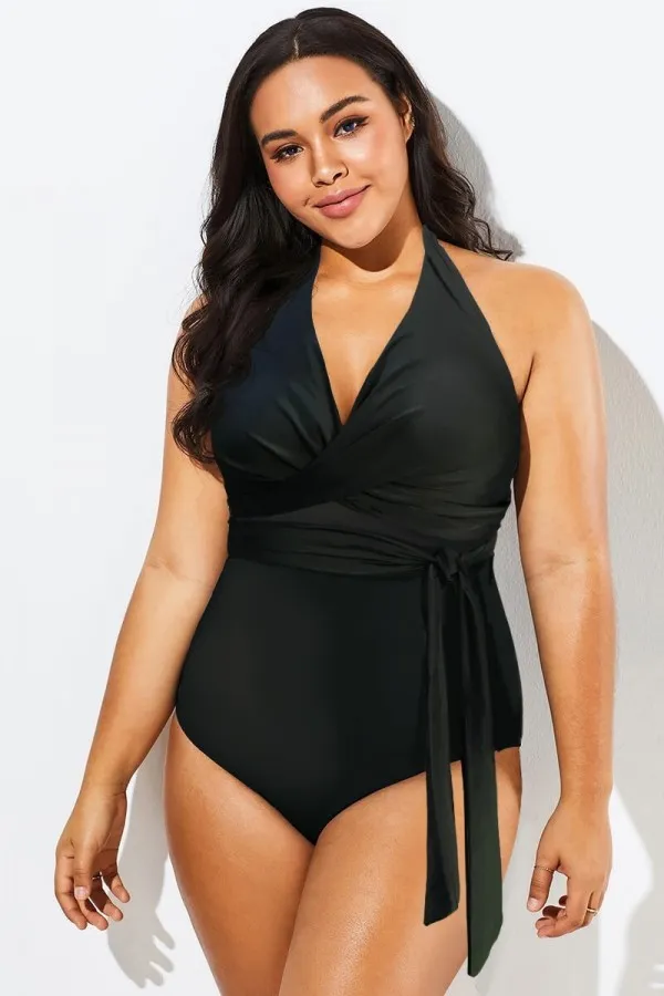 Black V-Neck Wrap Halter One Piece Swimsuit