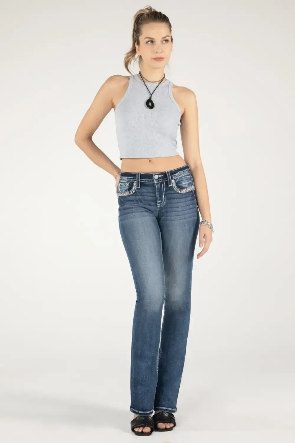 Pink Border Stitch Bootcut Jeans