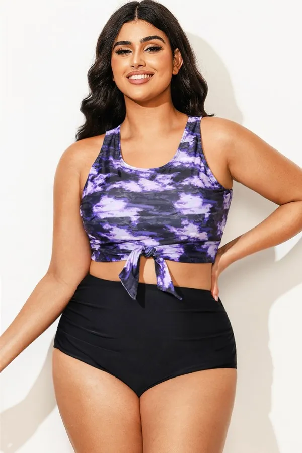 Plus Size Tie-Dye Knotted Crop Bikini Top