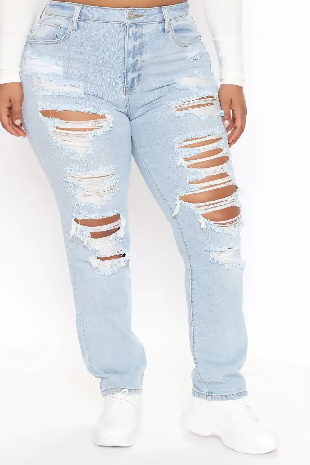 Favorite Getaway Destroyed Straight Leg Jeans - Light Blue Wash