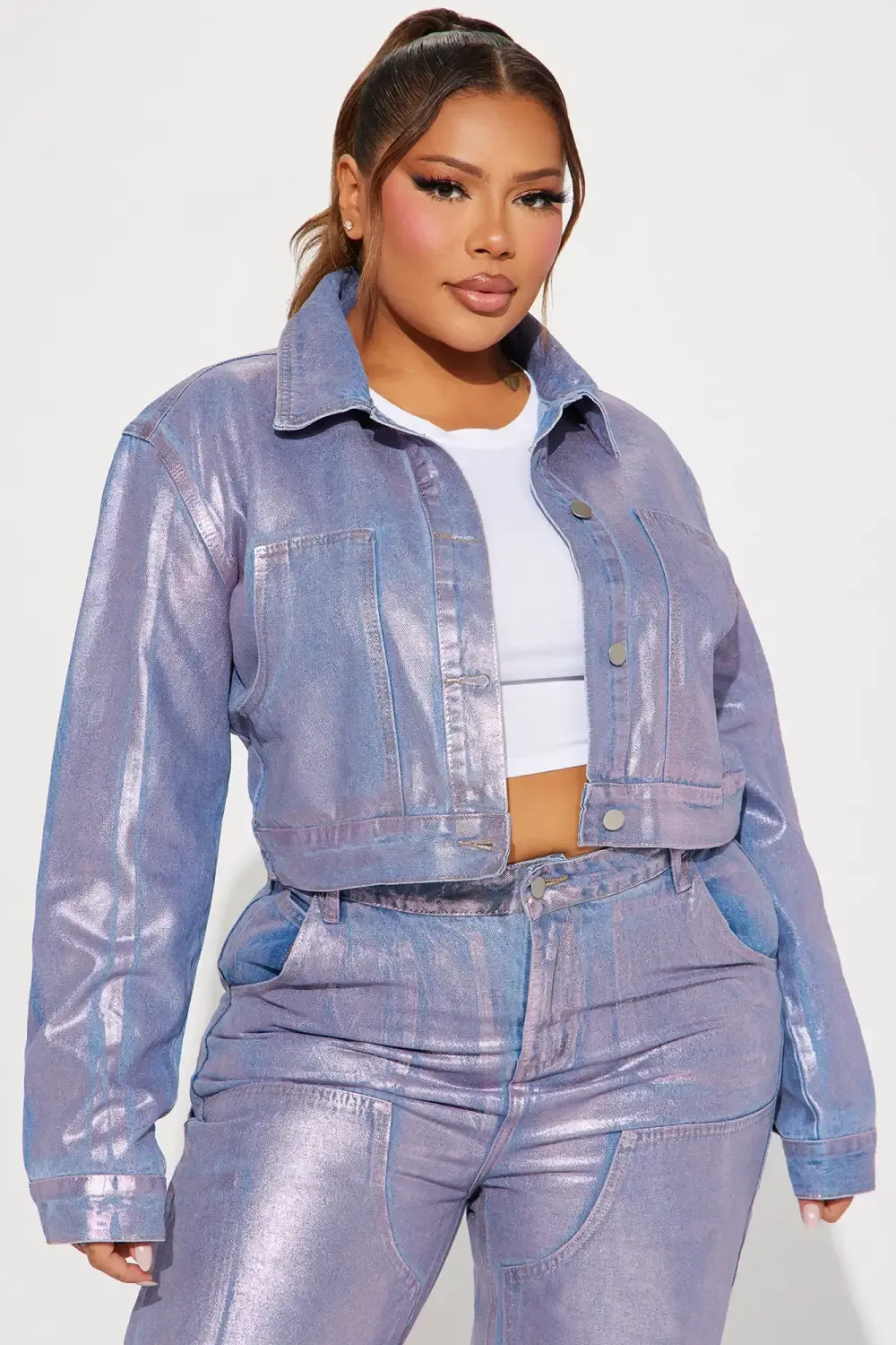 Big Time Magic Metallic Coated Denim Jacket - Pink