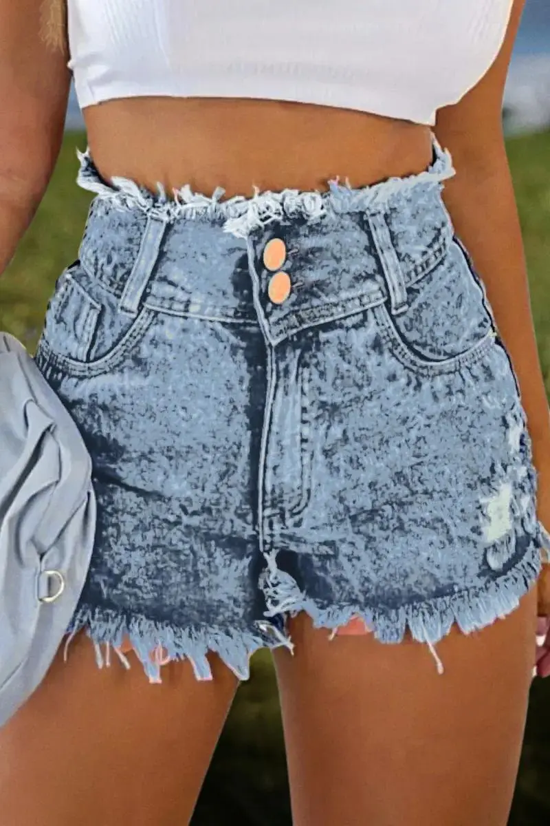 Ripped Raw Trim High Waist Denim Shorts