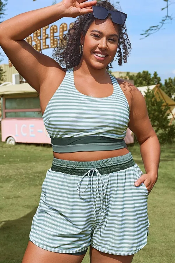 Plus Size Round Neck Black Patchwork Bikini Top