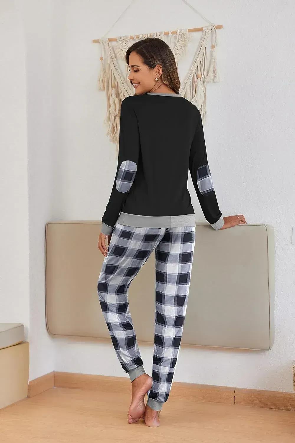 Women's Pajamas Sets Long Sleeve with Plaid Pants Soft Sleepwear O Neck 2 Piece Pjs Joggers Loung Set with Pockets